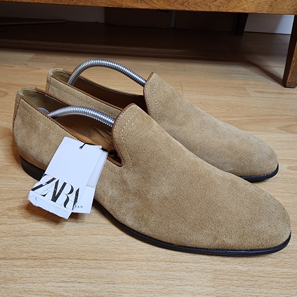 NWT Zara Tan Suede Leather Loafer Shoes Mens Size 11 EU 44